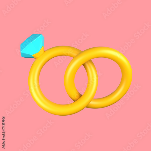 3d cartoon a pair of wedding rings on pink background, a couple of wedding diamond ring. 3d rendering illustration