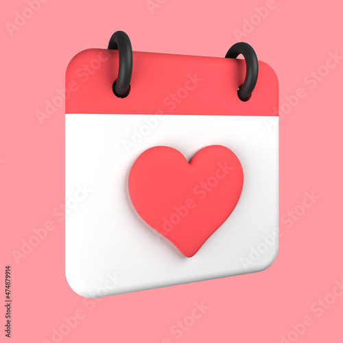 3d cartoon calendar heart isolated on pink background, Valentine day calendar heart. 3d rendering illustration