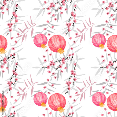 Fototapeta Naklejka Na Ścianę i Meble -  Seamless pattern with cherry blossoms, Chinese lanterns. Watercolor