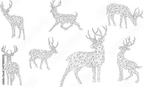 set of trianglar monochrome polygonal christmas deers. Outline reindeer symbol isolated on a white background.