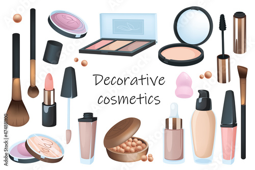 Decorative cosmetics elements isolated set. Bundle of various cosmetic products - eyeshadow, mascara, lipstick, lip gloss, foundation, brushes and other. Vector illustration in flat cartoon design