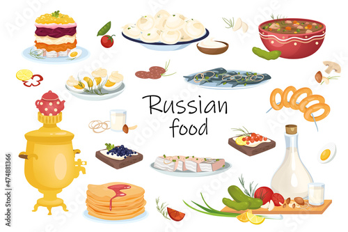 Russian food elements isolated set. Bundle of traditional dishes - dumplings, soup, fish, bread with black or red caviar, pancakes, samovar, vodka and other. Vector illustration in flat cartoon design