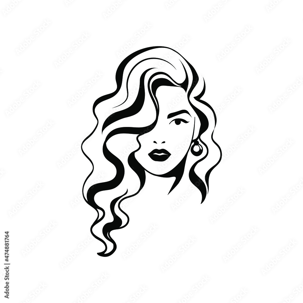 Beautiful face,  fashion woman, element design, nails studio, curly hairstyle, hair salon sign, icon. Beauty Logo. Vector illustration.