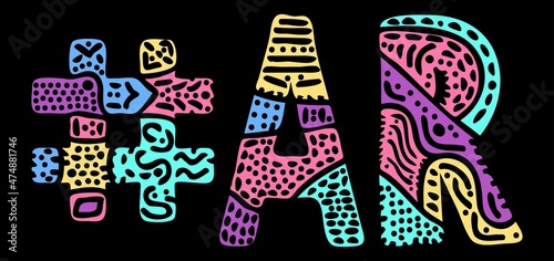 AR Hashtag. Multicolored bright isolate curves doodle letters. Hashtag #AR is abbreviation for the US American state Arkansas for social network, web resources, mobile apps.