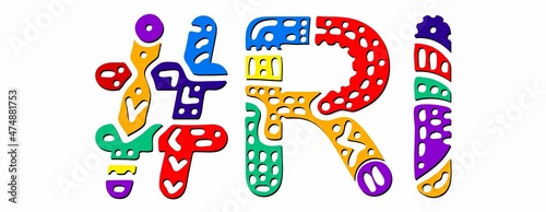 RI Hashtag. Multicolored bright isolate curves doodle letters. Hashtag #RI is abbreviation for the US American state Rhode Island for social network, web resources, mobile apps.