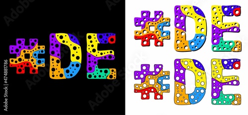 Hashtag #DE set. Multicolor bright funny cartoon colorful doodle bubble isolated text. Rainbow colors. Hashtag #DE is abbreviation for the US American state Delaware for print, social network.
