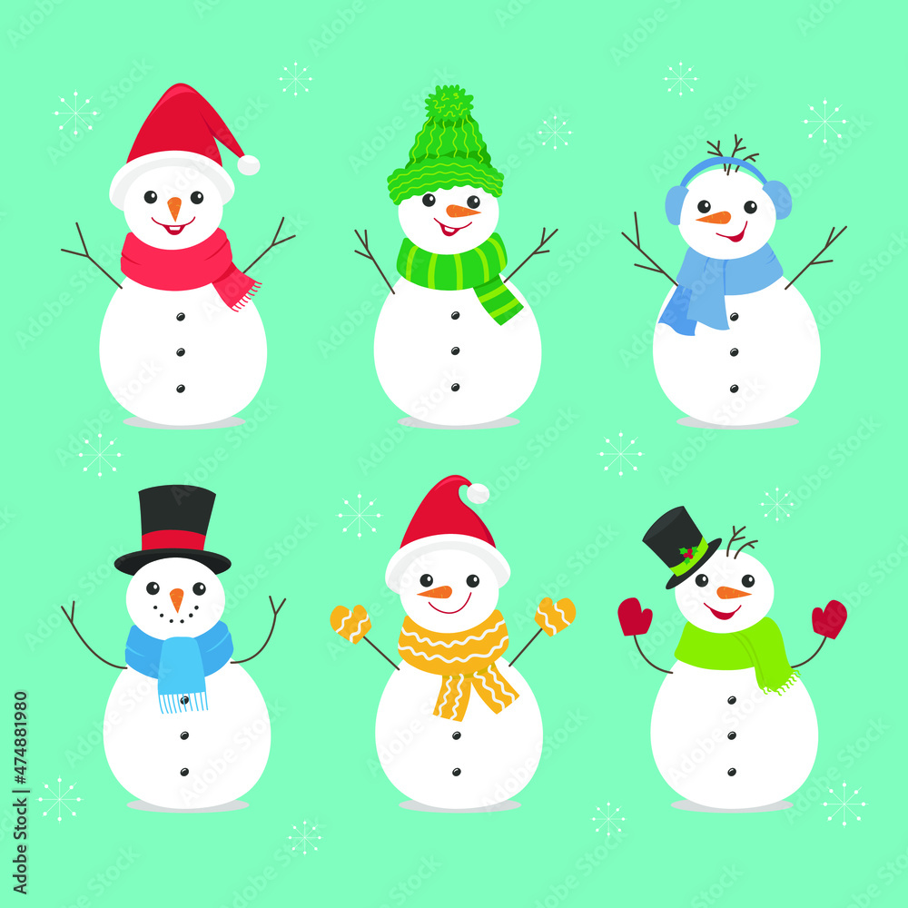 Snowman Christmas collection. Funny characters dressed in hats, scarves and mittens.