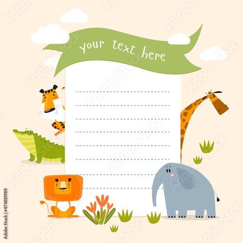 Print. Vector card with African animals and place for text. Wishlist, invitation, birthday