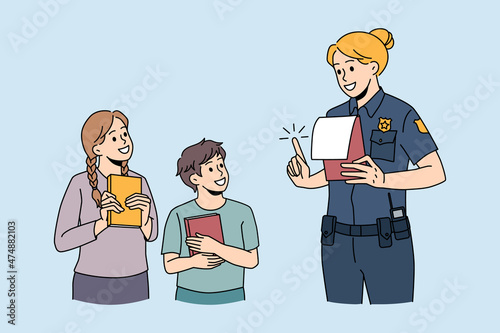 Education and learning police concept. Smiling children standing with notebooks and looking at policewoman telling them rules and teaching vector illustration 
