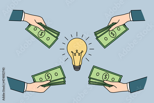 Investing money in good idea concept. Hands of investors business people giving money putting cash dollars to great business idea for development vector illustration 