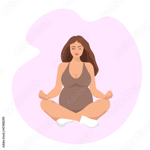 A pregnant woman meditates in the yoga lotus position. The girl is sitting cross-legged and immersed in meditation. Flat vector illustration isolated on a white background
