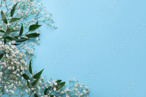 Beautiful gypsophila flowers and green leaves on light blue background, flat lay. Space for text photo