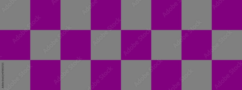 Checkerboard banner. Purple and Grey colors of checkerboard. Big squares, big cells. Chessboard, checkerboard texture. Squares pattern. Background.