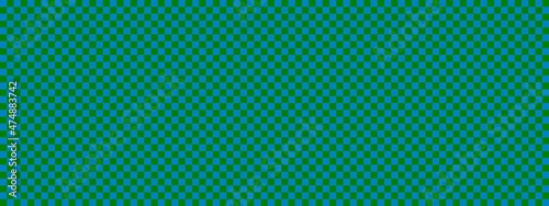 Checkerboard banner. Green and Blue colors of checkerboard. Small squares, small cells. Chessboard, checkerboard texture. Squares pattern. Background.