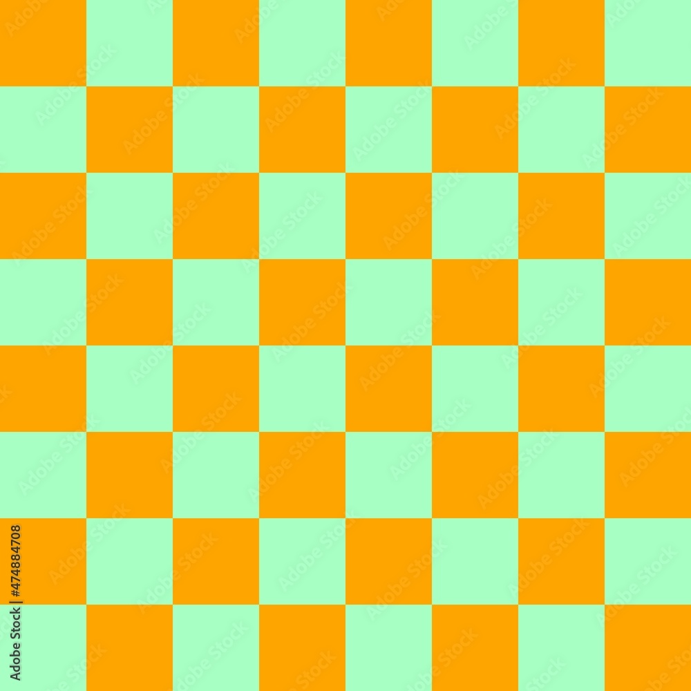 Checkerboard 8 by 8. Mint and Orange colors of checkerboard. Chessboard, checkerboard texture. Squares pattern. Background.