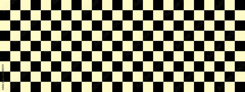 Fototapeta premium Checkerboard banner. Black and Beige colors of checkerboard. Small squares, small cells. Chessboard, checkerboard texture. Squares pattern. Background.
