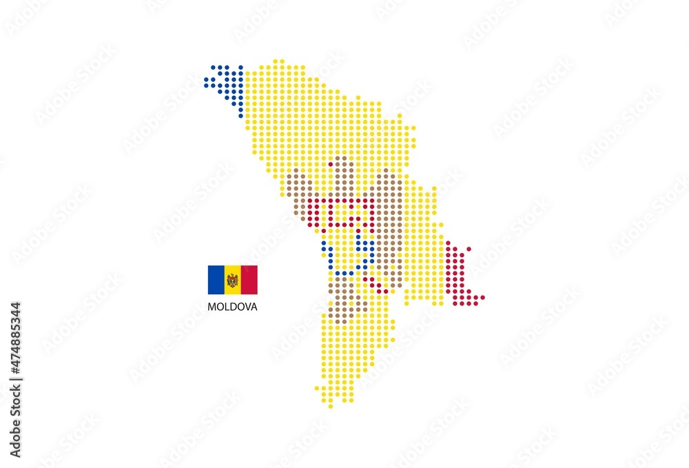 Moldova map design by color of Moldova flag in circle shape, White background with Moldova flag.