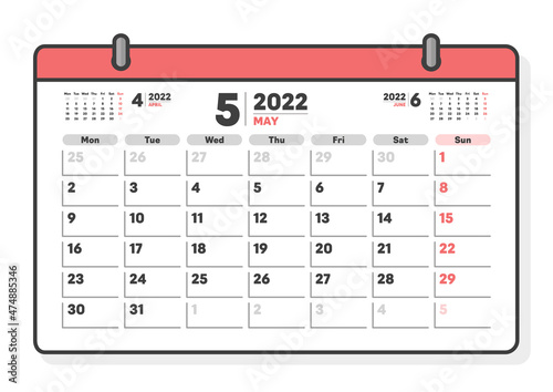 2022年5月のマンスリーカレンダー：シンプルで見やすい月曜始まりの月めくりカレンダー - 3ヶ月分
