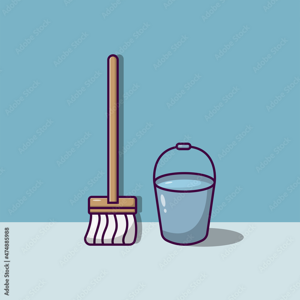 Mop and Bucket Flat Vector Illustration Icon On Blue Background for web, landing page, sticker, banner Mop and Bucket Flat Vector Illustration Icon On Blue Background for web, landing page, sticker, banner