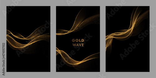 Abstract Gold Waves. Shiny golden moving lines design element with glitter effect on dark background for greeting card and disqount voucher.