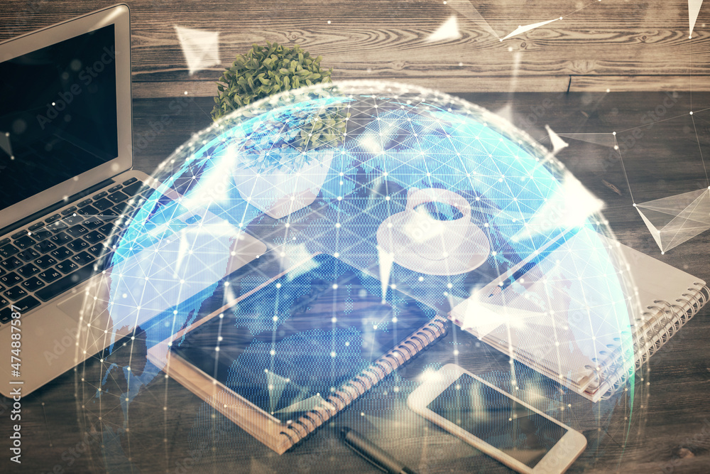 Double exposure of financial theme drawing and cell phone background. Concept of business Double exposure of financial theme drawing and cell phone background. Concept of business