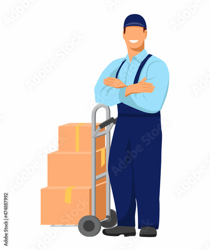 Smiling worker in uniform stands next to the trolley and holds his hands on his chest. Cardboard packaging boxes are standing on the cart. Relocation. Transport company. Vector illustration.