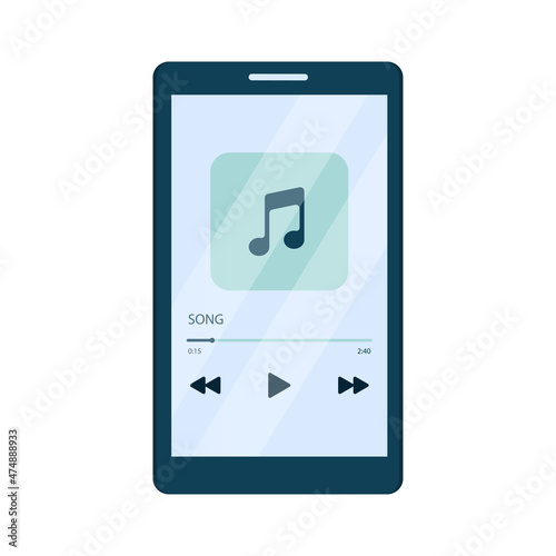 Mobile phone screen with open media player. Smartphone music player user interface concept. Vector illustration in flat cartoon style isolated on white background.