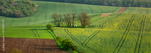 Beautiful landscape in South Moravia, St. Barbara chapel, springtime panorama photo