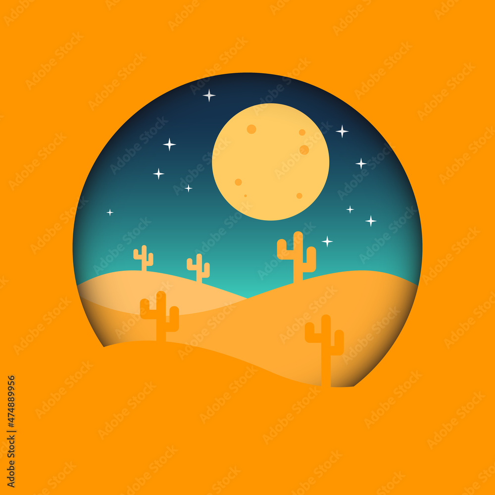 Isolated Landscape Dessert in the Night Vector Illustration with Papercut Style