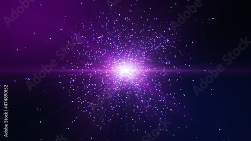 Glow pink purple blue particles glittering explosion, light ray beam effect.