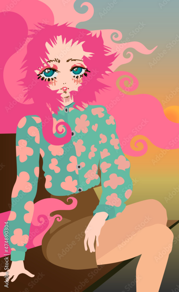 A vector illustration of a cute young woman with pink hair is sitting on a bench at sunset