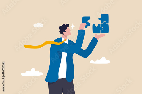 Solve problem or solution to achieve business success, decision, creativity or skill to overcome difficulty and finish work concept, smart businessman solving jigsaw puzzle problem. photo