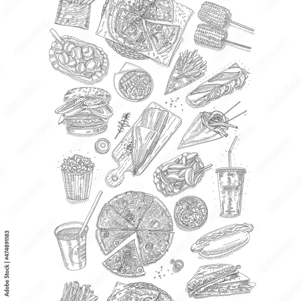 Fast food seamless pattern. Burgers, pizzas, sausages, pop corn, french fries, coffe etc.. Fish and Chips. Sketchy hand-drawn vector illustration. 