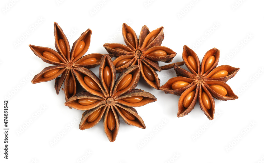 Dry anise stars with seeds on white background Dry anise stars with seeds on white background
