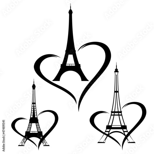 eiffel tower silhouette and heart shape outline - romantic Paris vector design set