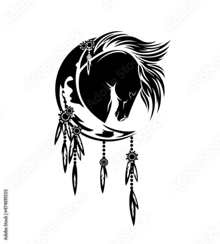 wild mustang horse head and crescent moon - tribal style feathered dream catcher black and white vector design