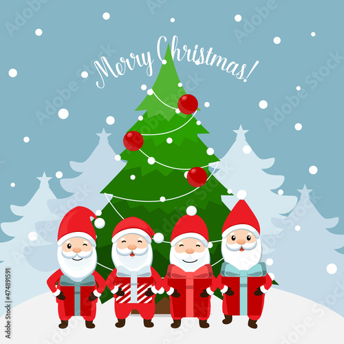 Santa Claus and Decorated Christmas tree. Merry Christmas and Happy New Year background. Vector illustration.