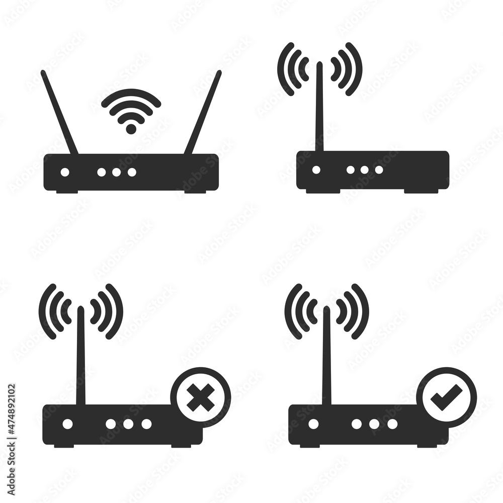 Wireless Router device set. Flat vector illustration