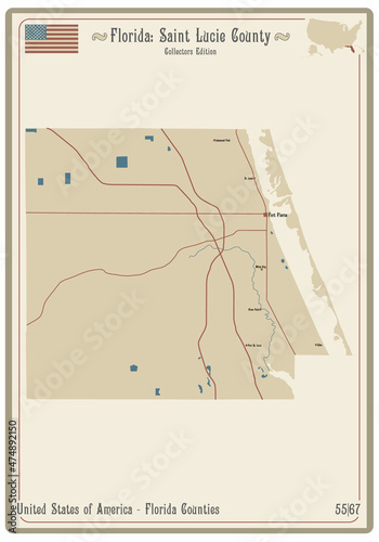 Map on an old playing card of Saint Lucie county in Florida, USA.