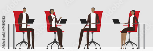 Team discussing work issues in office. Vector illustration.