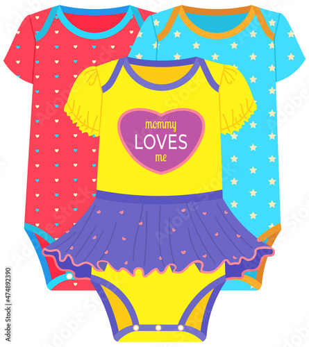 Baby dress with skirt and bodysuits. Clothes for little children with fastener between legs. Dress for kid with color print. Items of clothing for child. Bodysuit for baby isolated on white background