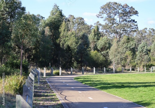 Cement footpath through suburban parkland on sunny day with trees and blue sky.