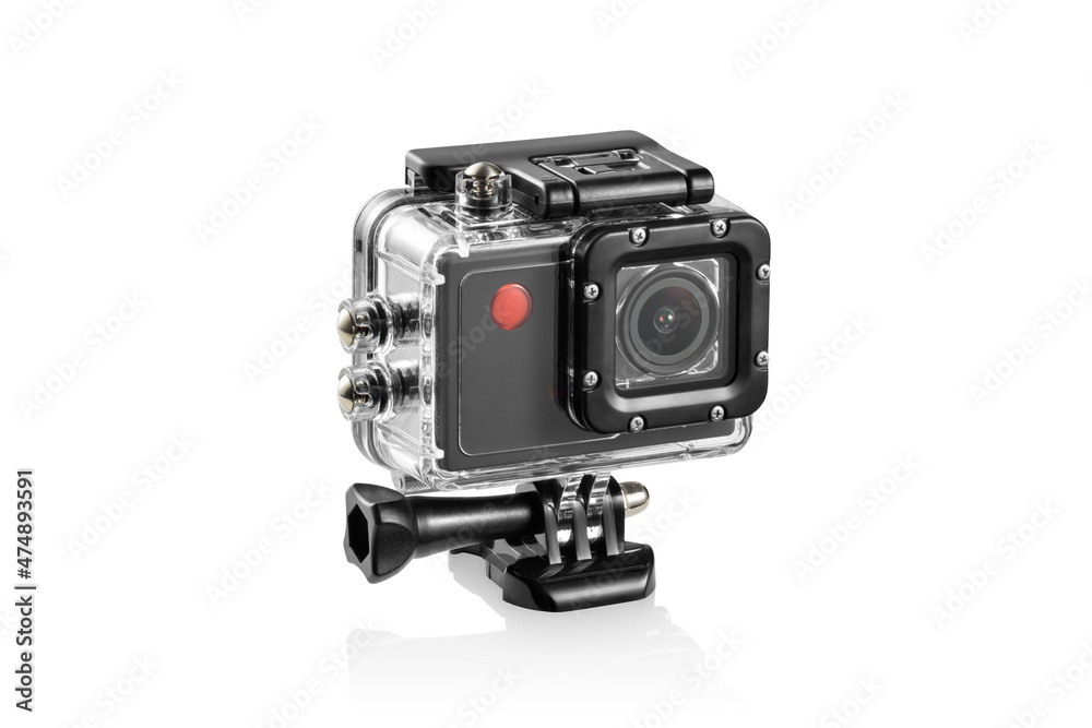 Three quarter view of dark gray simple action camera inside protection box, isolated
