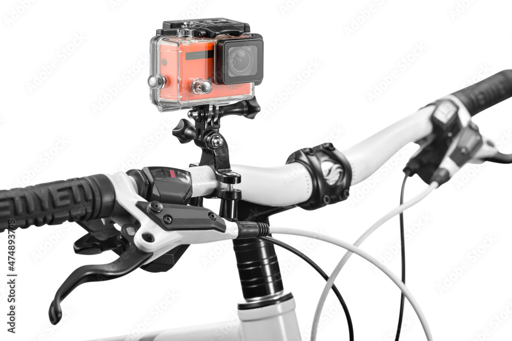 Modern orange action camera inside protection box attached on a bike, isolated
Modern orange action camera inside protection box attached on a bike, isolated