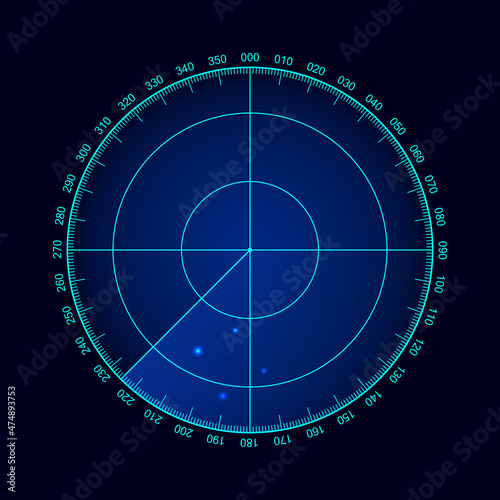 Vector radar screen. Military search system in action with targets. Technology HUD design.