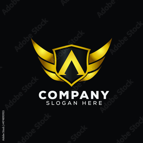 Luxury Letter A Gold Wing with Shield Logo template, Golden Wing Shield Luxury Initial Letter A logo