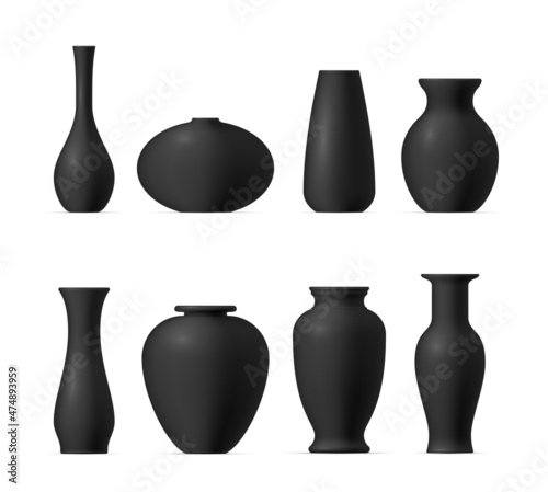 Realistic black ceramic vases set vector illustration. Modern and vintage clay pottery for interior