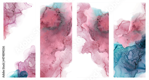 Alcohol ink texture. Abstract hand painted blue and pink background.