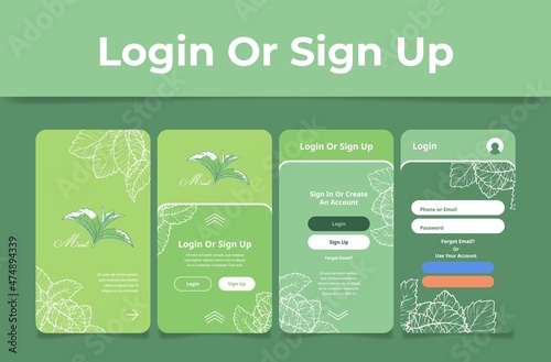 Mint leaves decorative user interface log in or sign up landing page template set vector flat