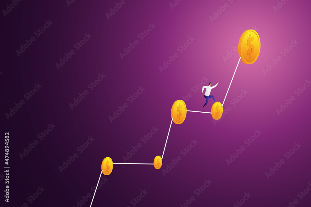Businessman runs on a graph of growing profit from investments. Businessman runs on a graph of growing profit from investments.